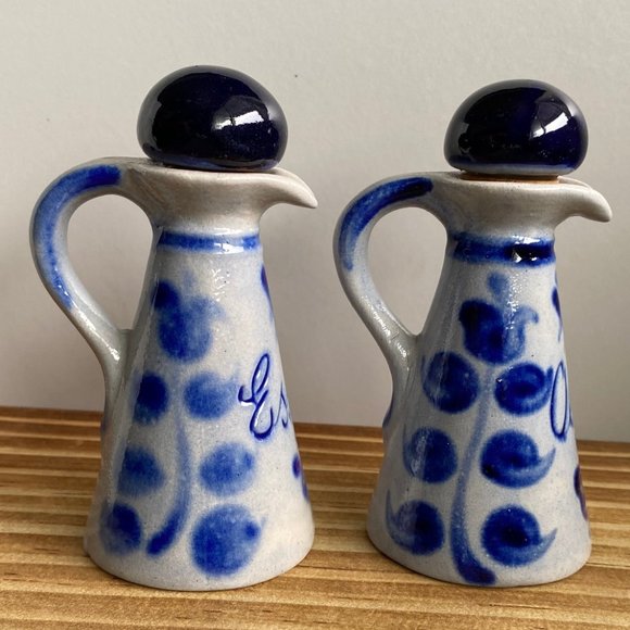 Vintage German Ceramic Oil & Vinegar Bottles (Essig & Oel, Blue Salt Glaze) - Picture 2 of 6